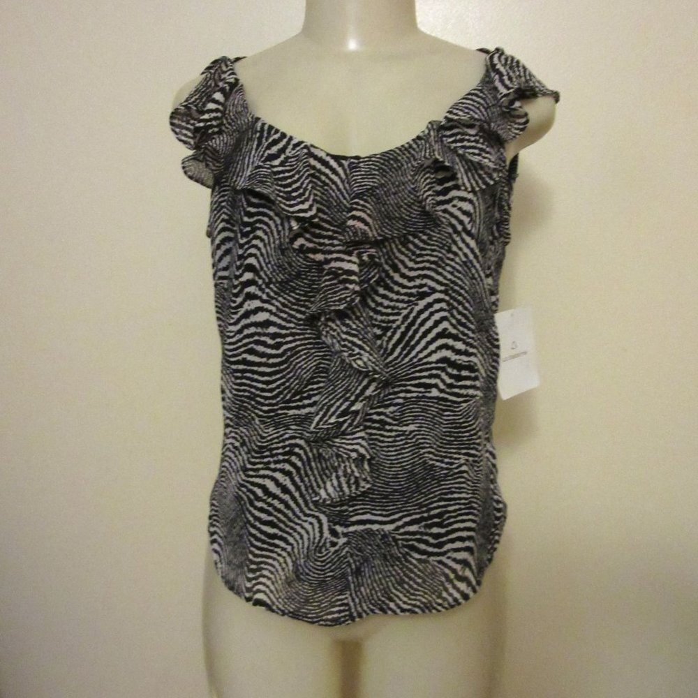 New w Tags, Liz Claiborne Black & White Leopard Style Ruffled Blouse in Size 6